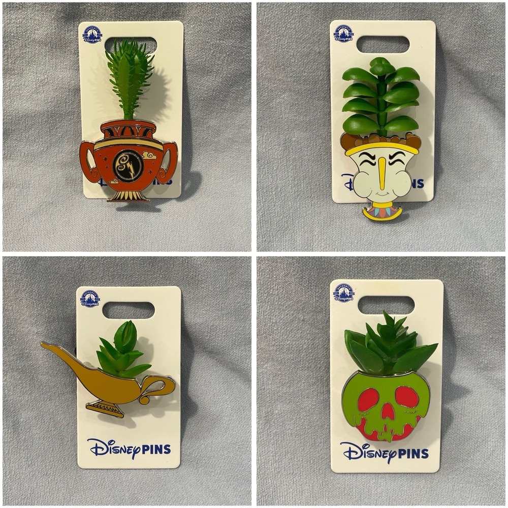 NEW Set of 4 Disney Parks Succulent Planter Pins - Chip, Lamp, Hercules, & Apple - Picture 1 of 5